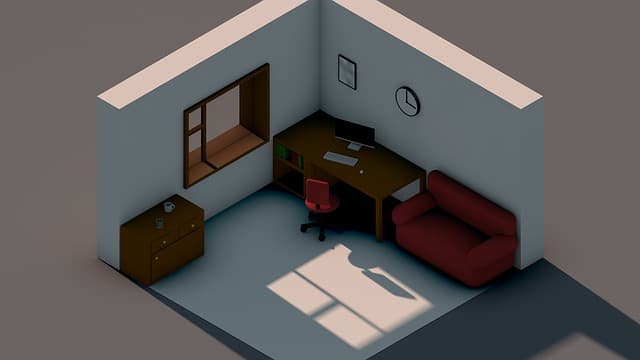 Three-dimensional room with isometric perspective