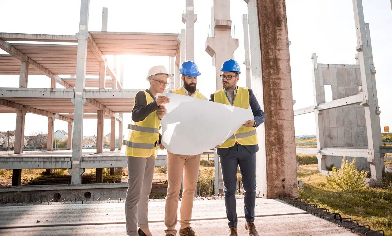 Three architects examining a plan