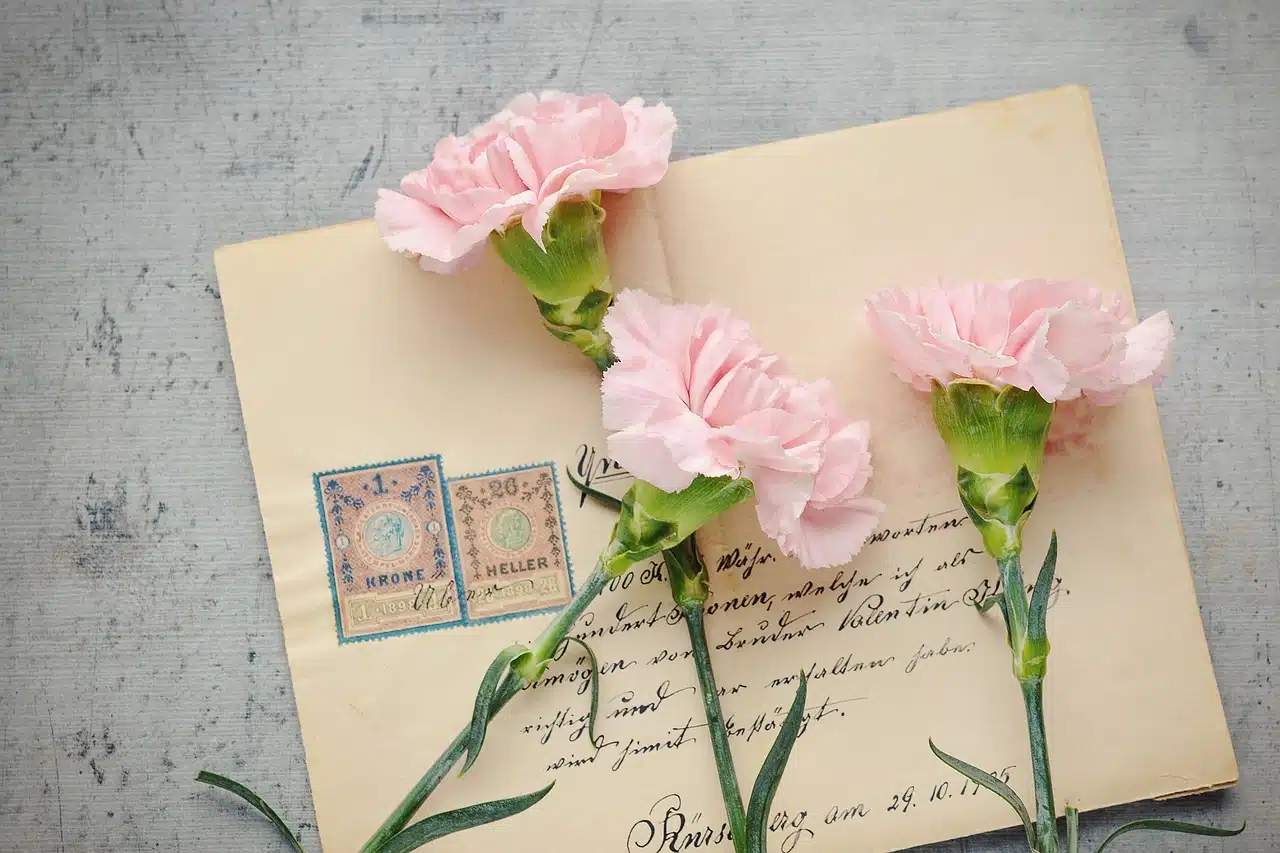 Three pink flowers on top of a postal envelope