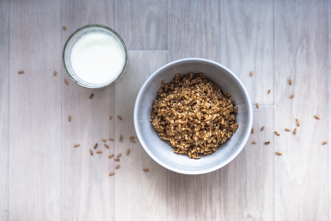 Oat milk and cereal bowl