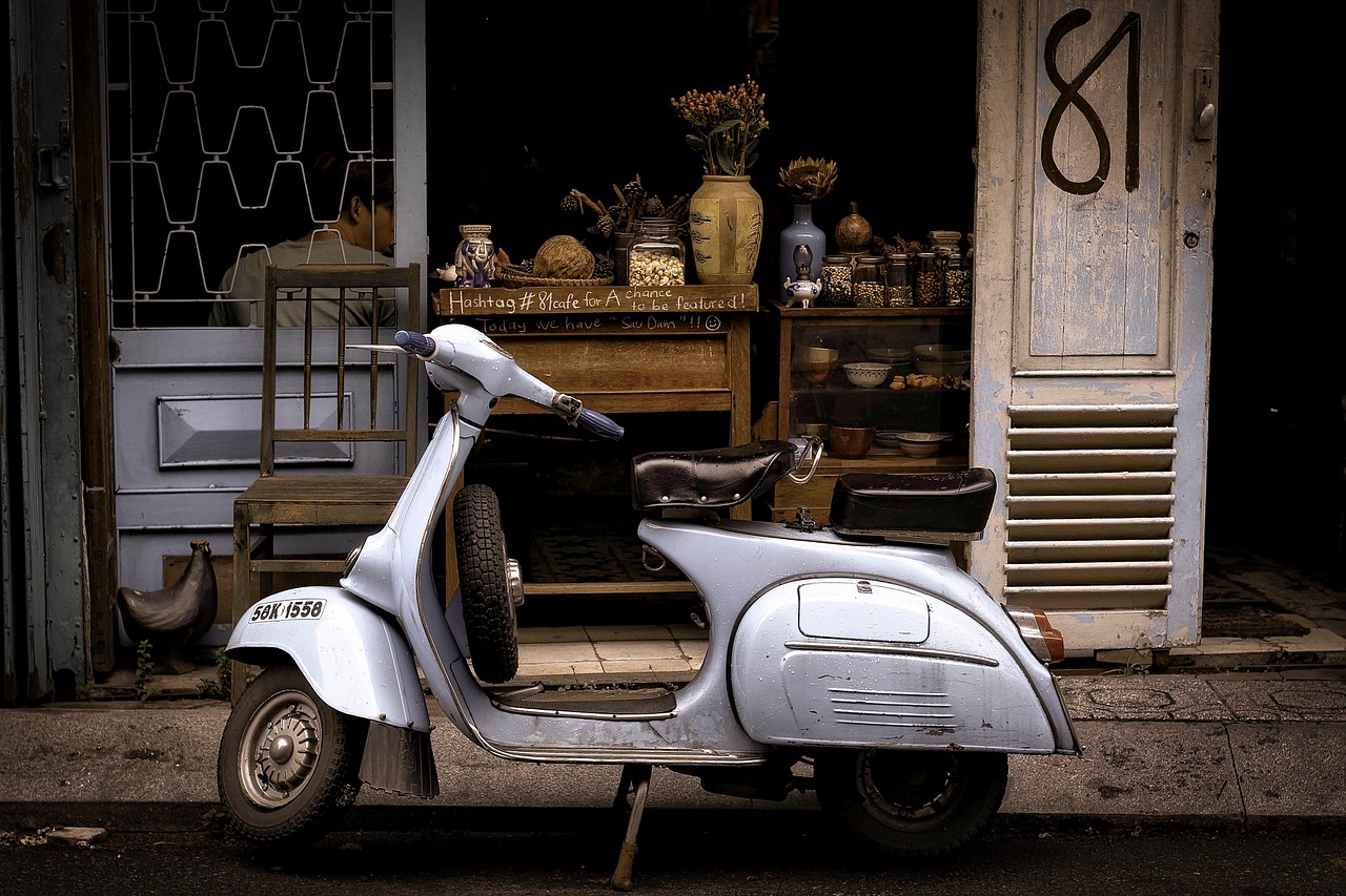 Moped in front of an urban store