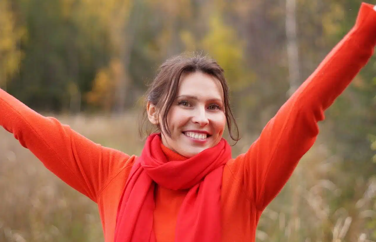 Woman with red scarf