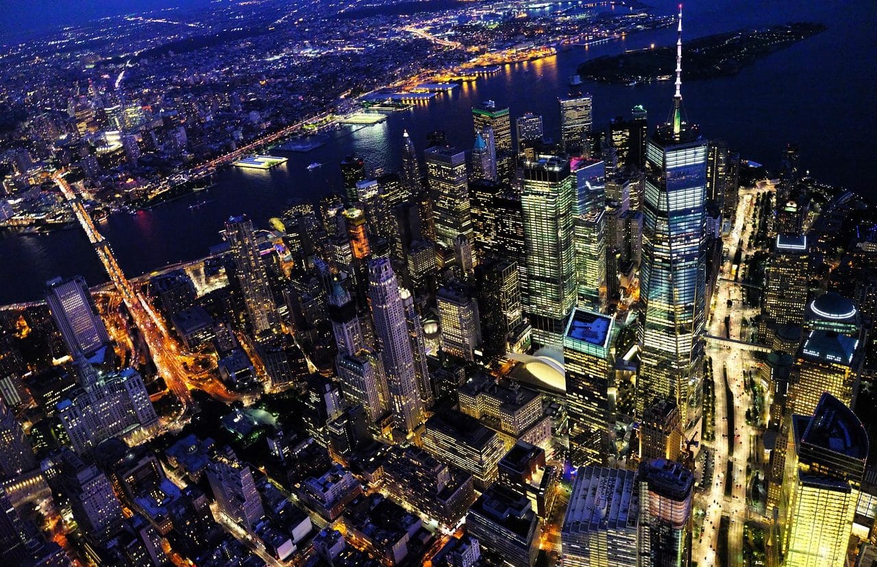 Aerial view of a city at night.