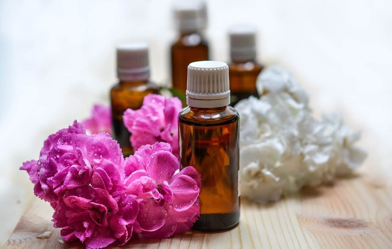 Essential oils and various flowers