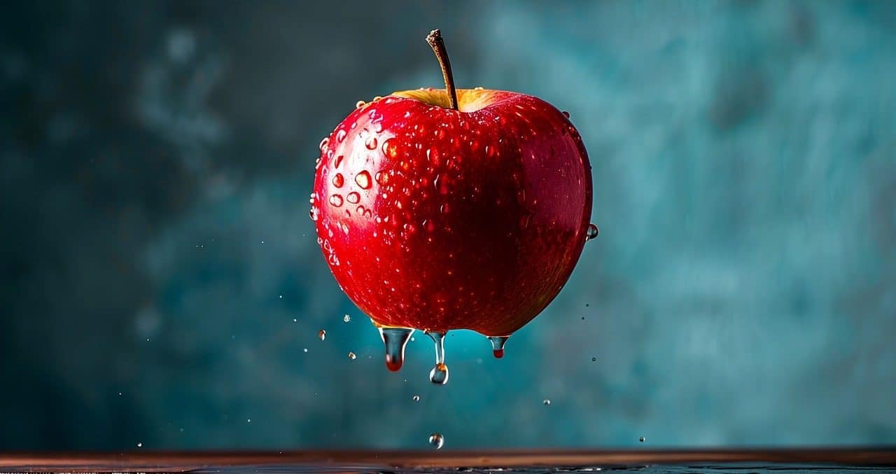 Wet apple floating on out of focus background