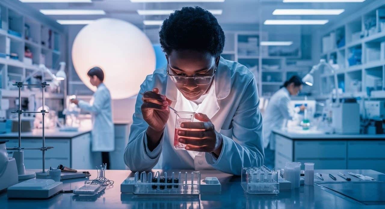 Female scientist doing experiment in chemistry laboratory